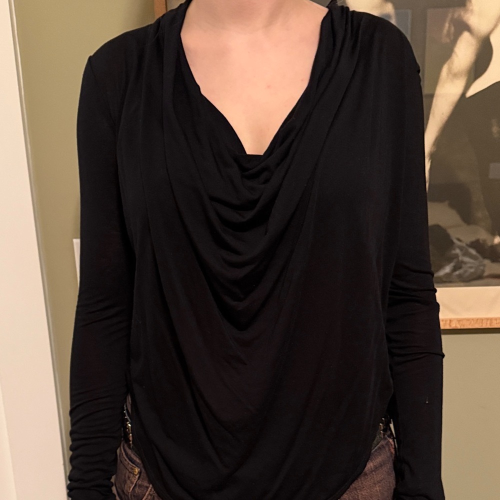 Helmut Lang Black Draped Cowl Long-Sleeve Top